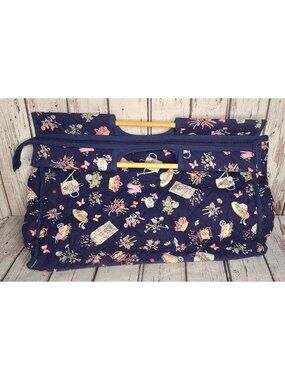 17" Large Gardening Tote Bag Floral Quilted Navy Blue Cotton Fabric Gloves Tools